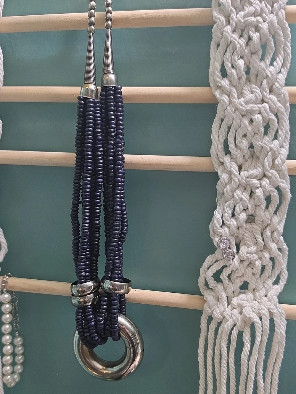 Vintage Nepal Wood Beaded Navy Blue Necklace